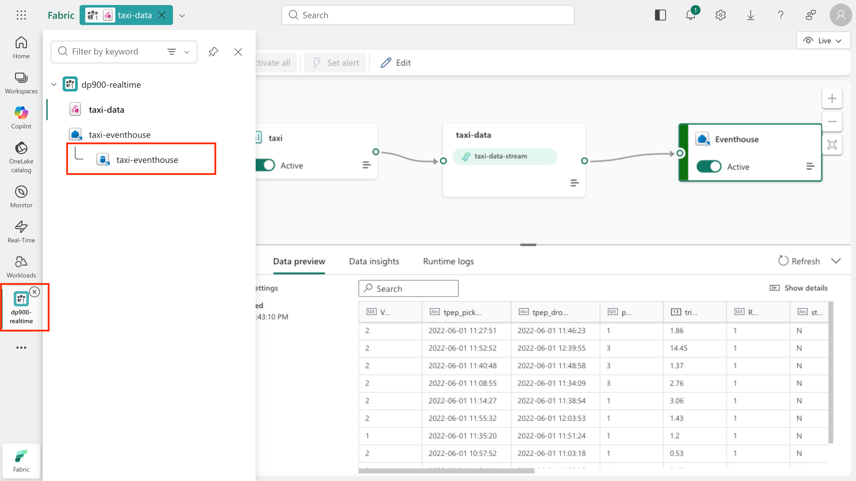Screenshot of the workspace flyout with the taxi-eventhouse database listed.