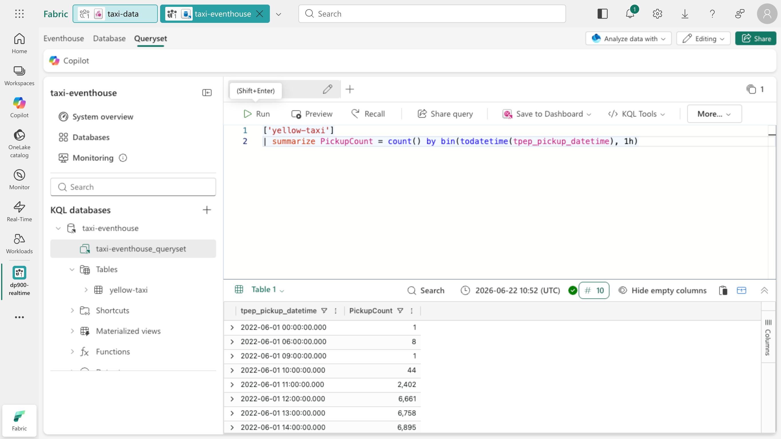 Screenshot of the hourly pickup query and its tabular results.