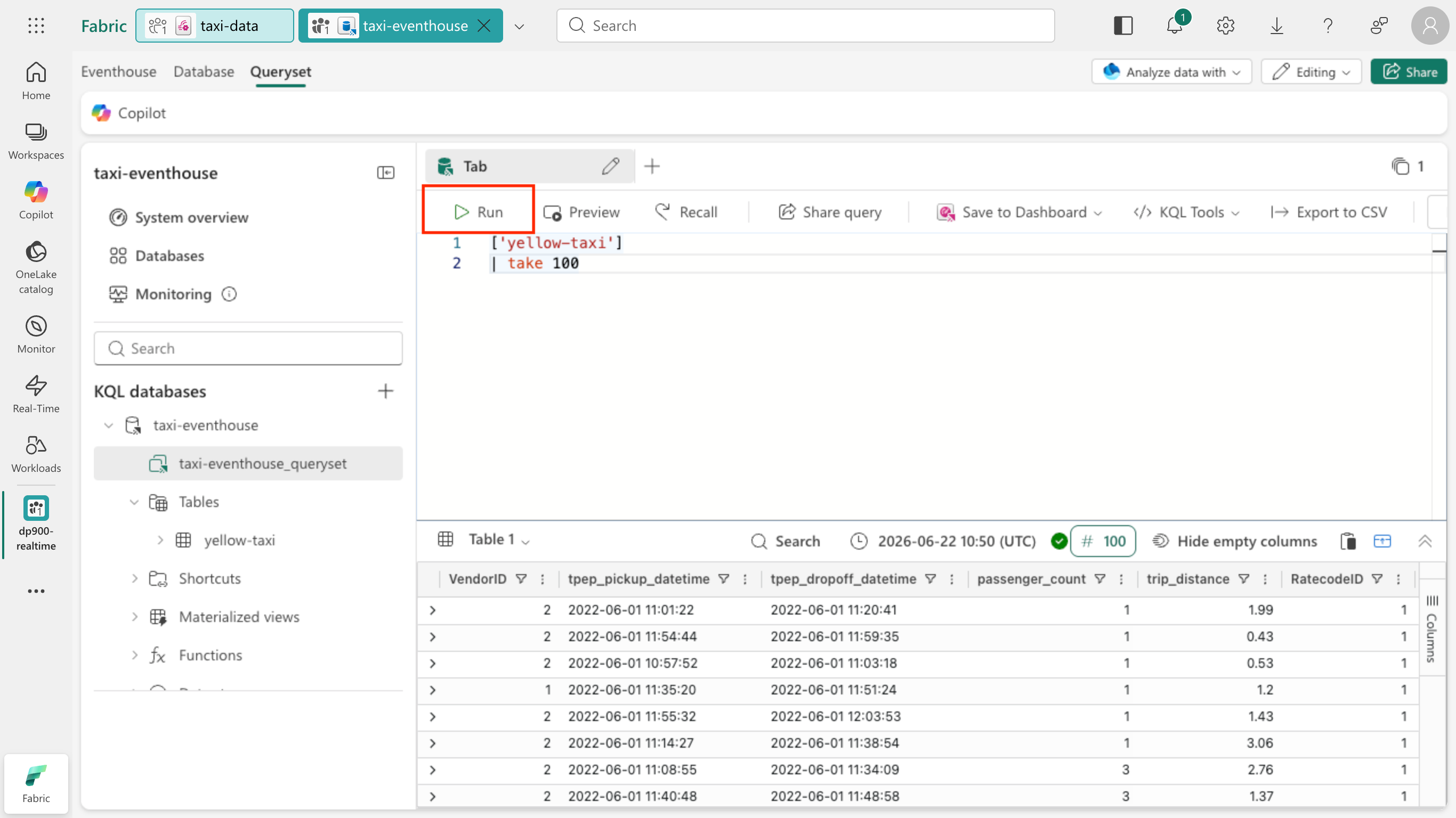 Screenshot of the taxi-eventhouse queryset open with the new query and run button highlighted.