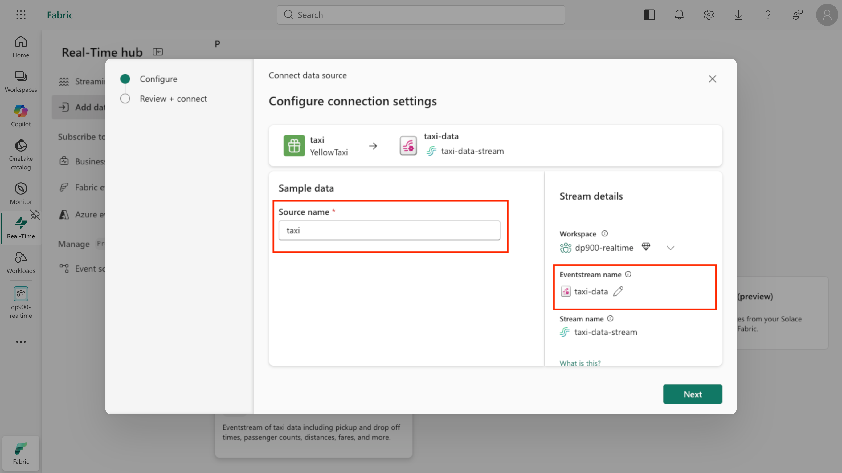 Screenshot of the configured connection settings with the taxi source and taxi-data eventstream names.