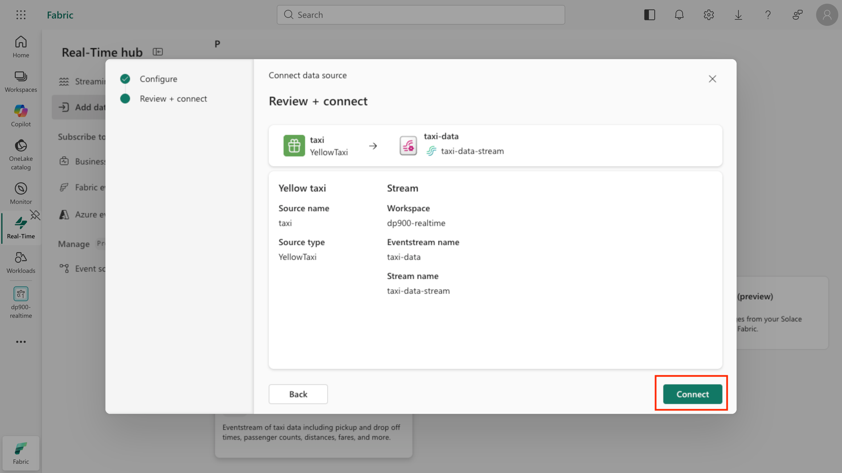 Screenshot of the Review and connect page showing the source and stream summary.