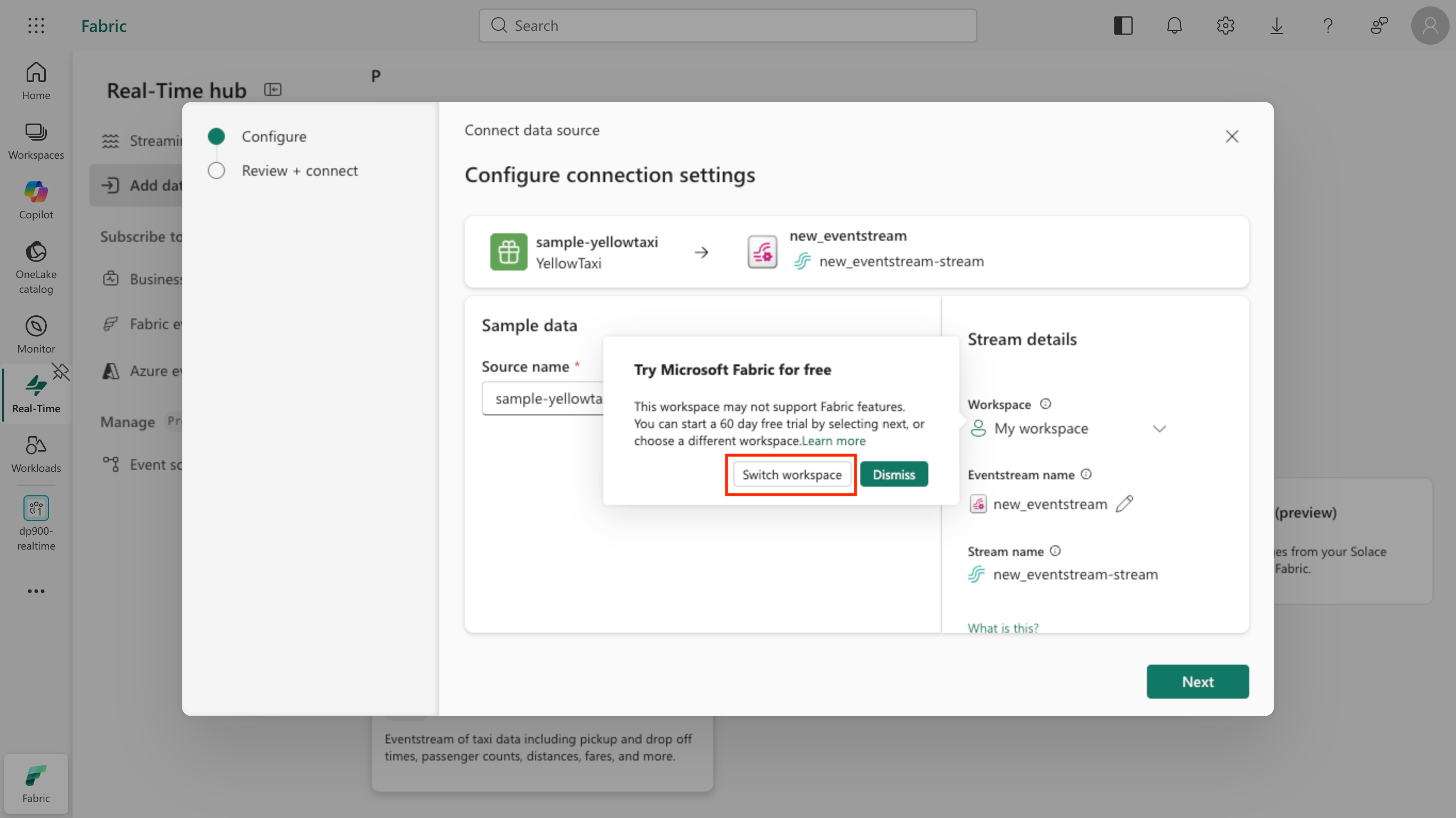 Screenshot of the Configure connection settings page with the default My workspace and a free trial prompt.