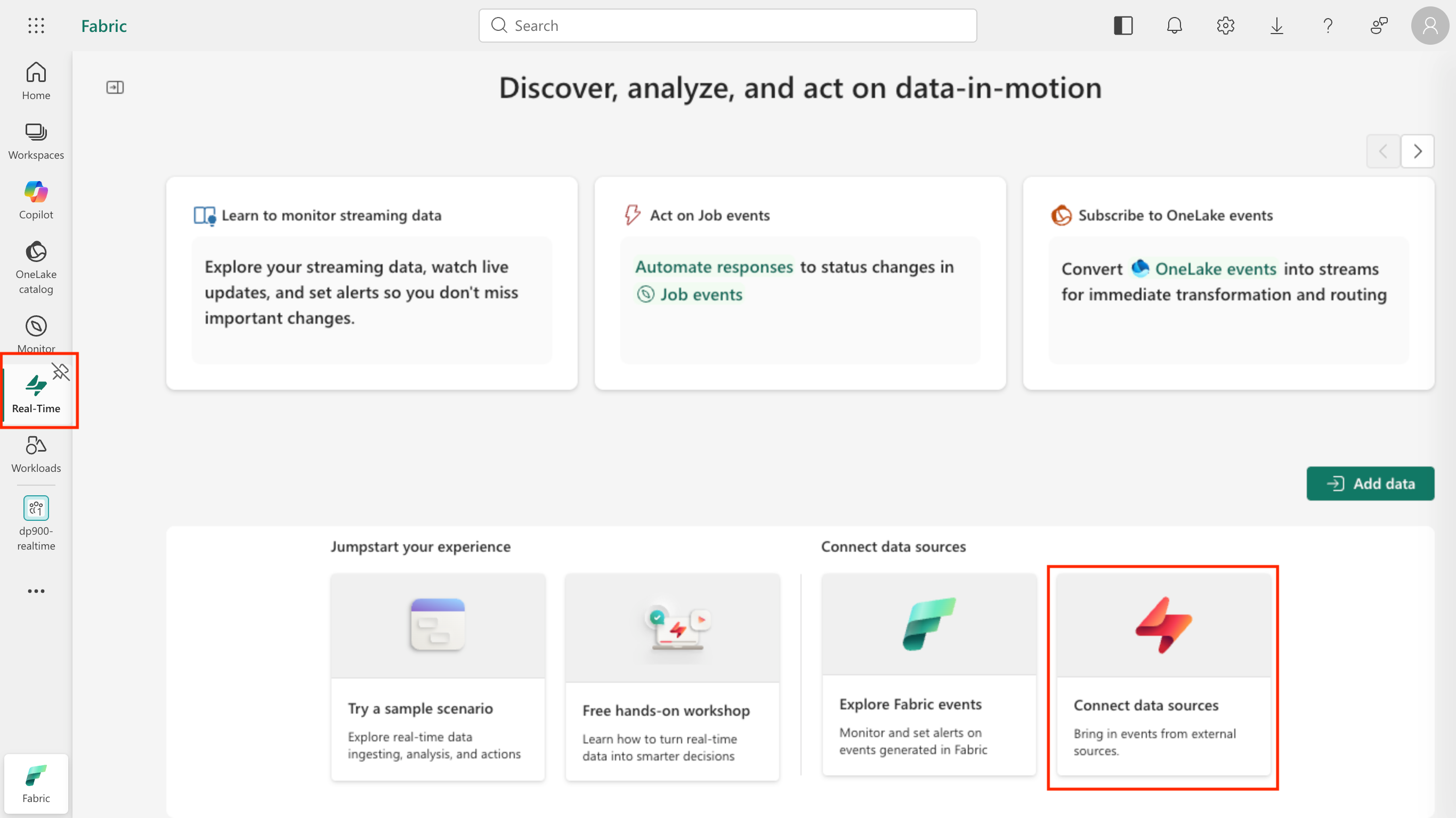 Screenshot of the Real-Time hub home page in Microsoft Fabric.