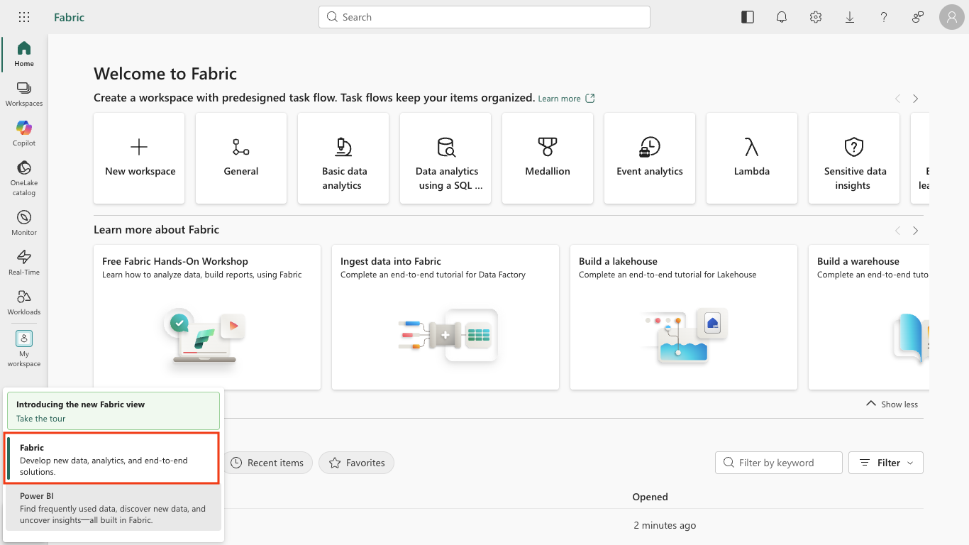 Screenshot of the experience switcher showing the Fabric and Power BI options.