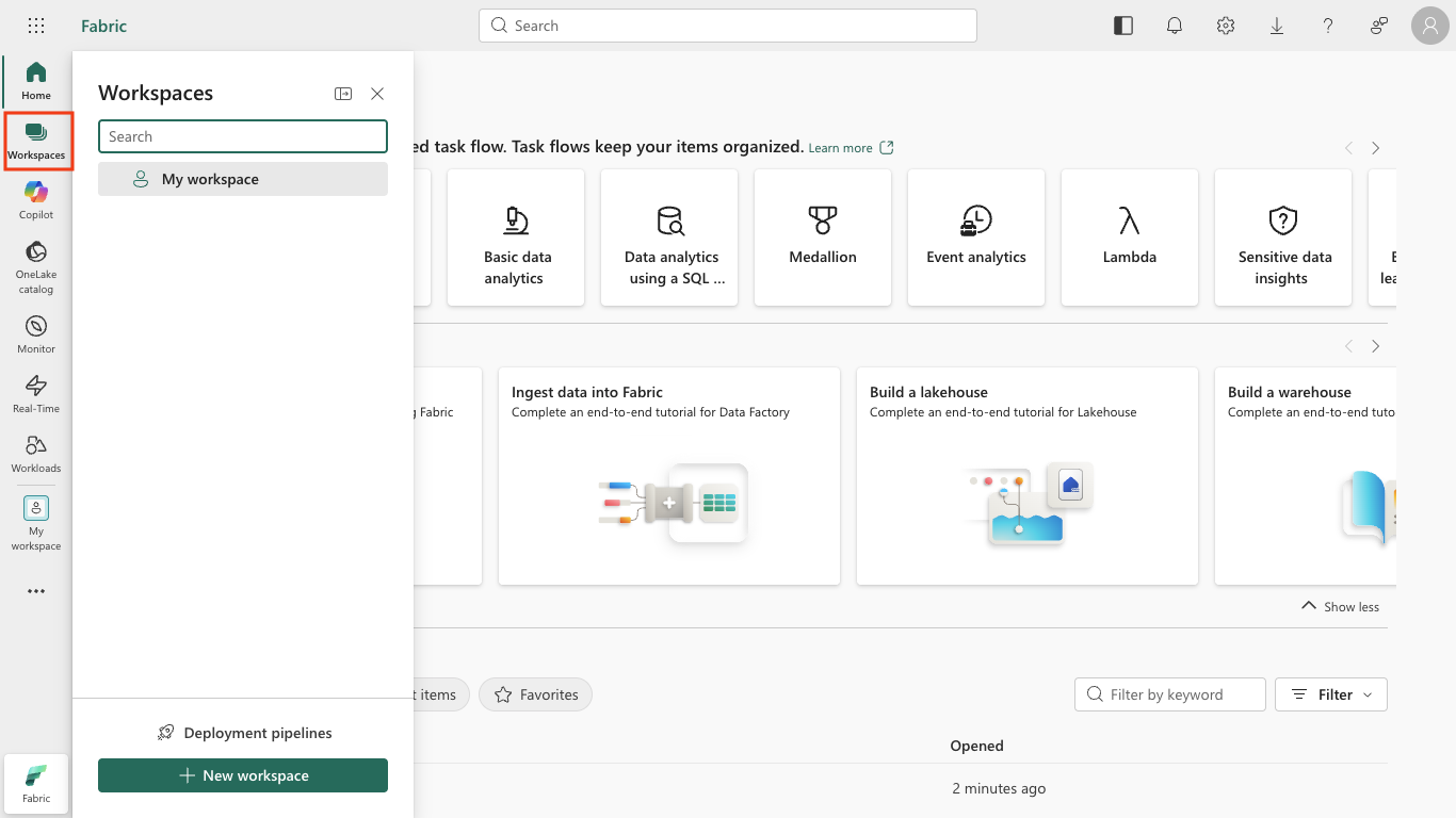 Screenshot of the Workspaces flyout with the New workspace button.