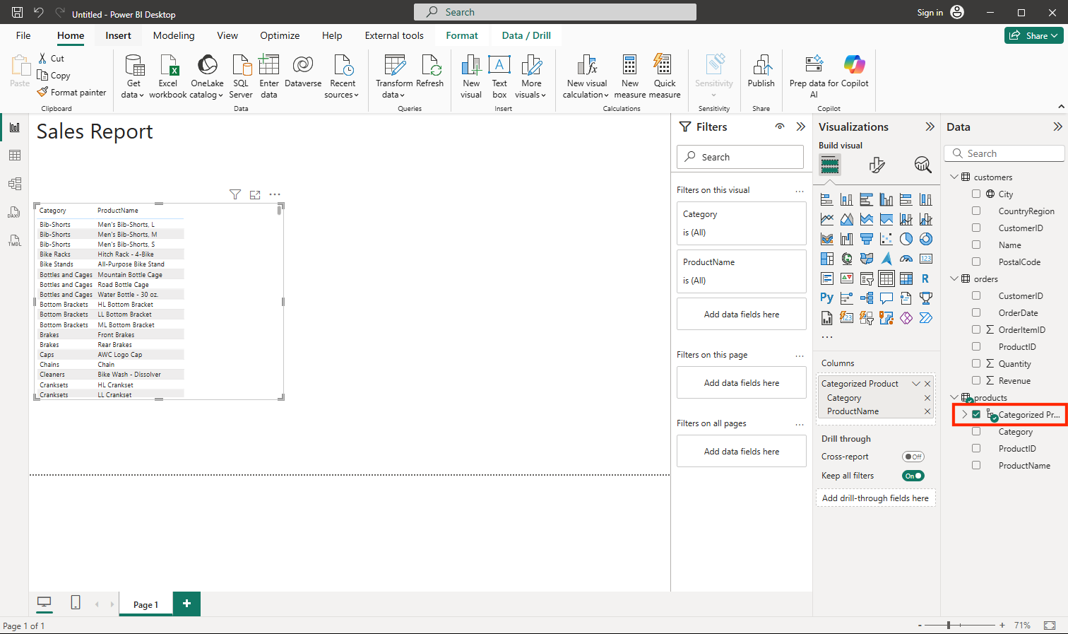 Screenshot showing how to add a table of categorized products to a report in Power BI.