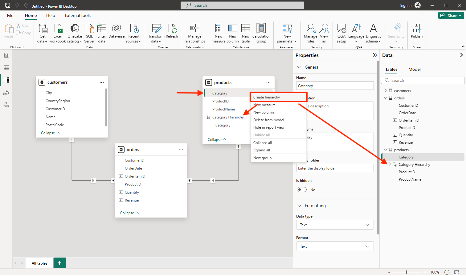 Screenshot showing how to add the Category Hierarchy in Power BI.