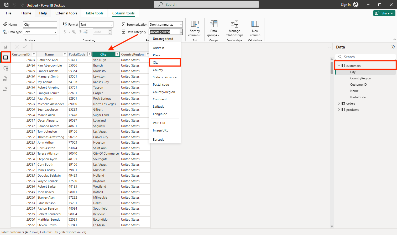 Screenshot showing how to set a data category in Power BI.