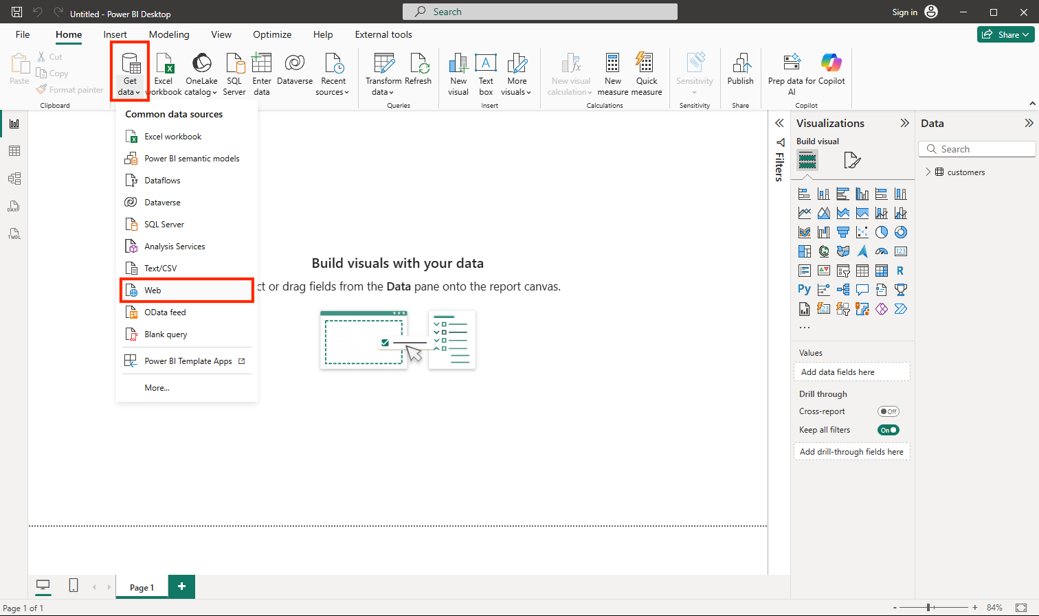 Screenshot showing the Get data menu in Power BI.