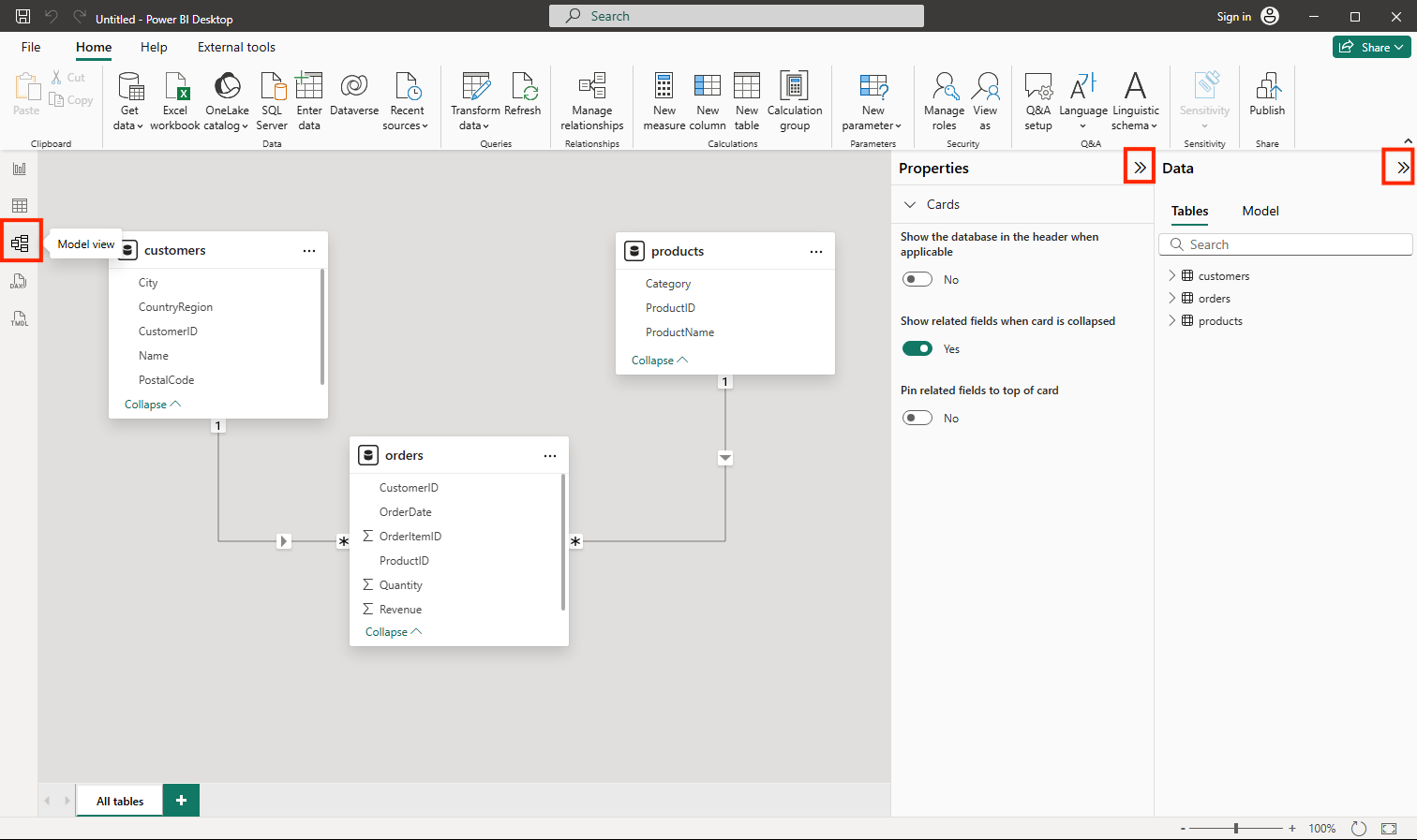 Screenshot showing the Model tab in Power BI.