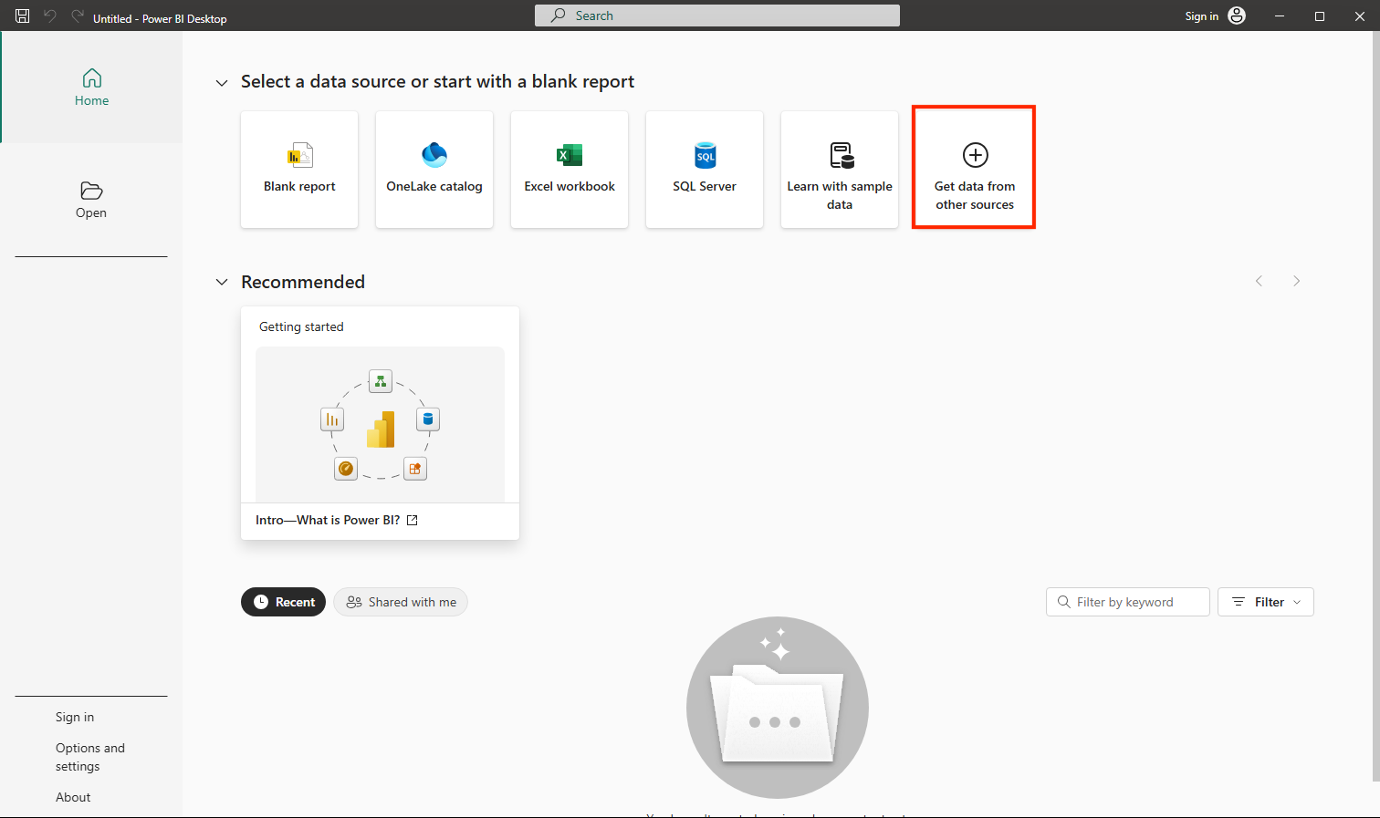 Screenshot showing the Power BI Desktop start screen.