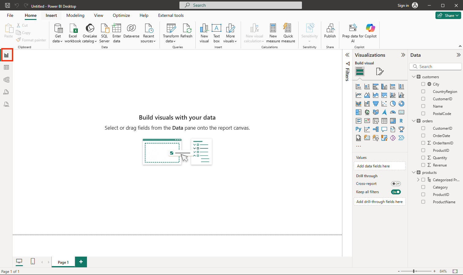 Screenshot showing the report tab in Power BI.