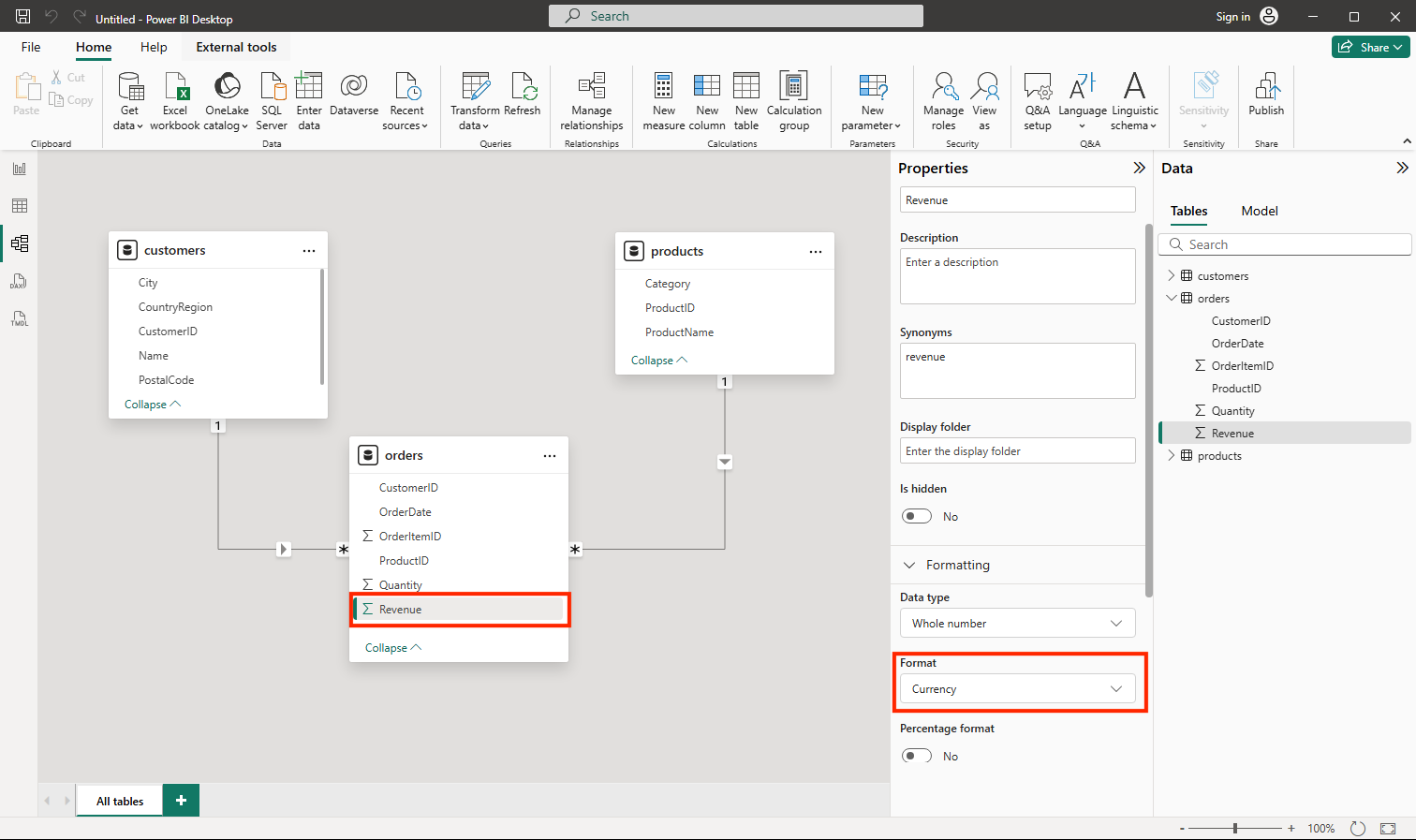 Screenshot showing how to set the Revenue format to Currency in Power BI.