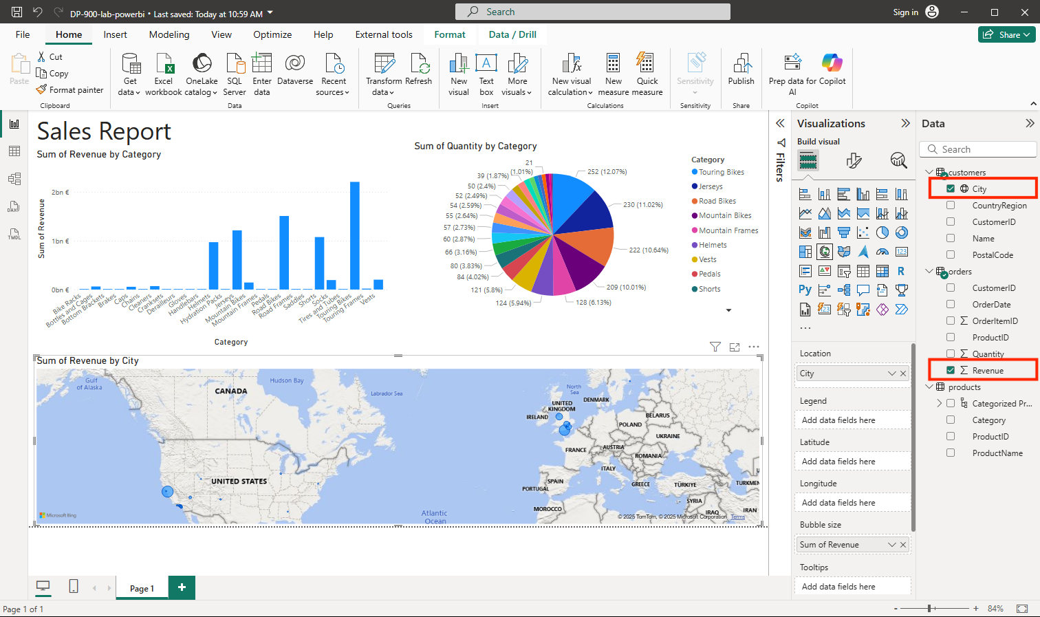Screenshot showing a map that shows revenue by city.