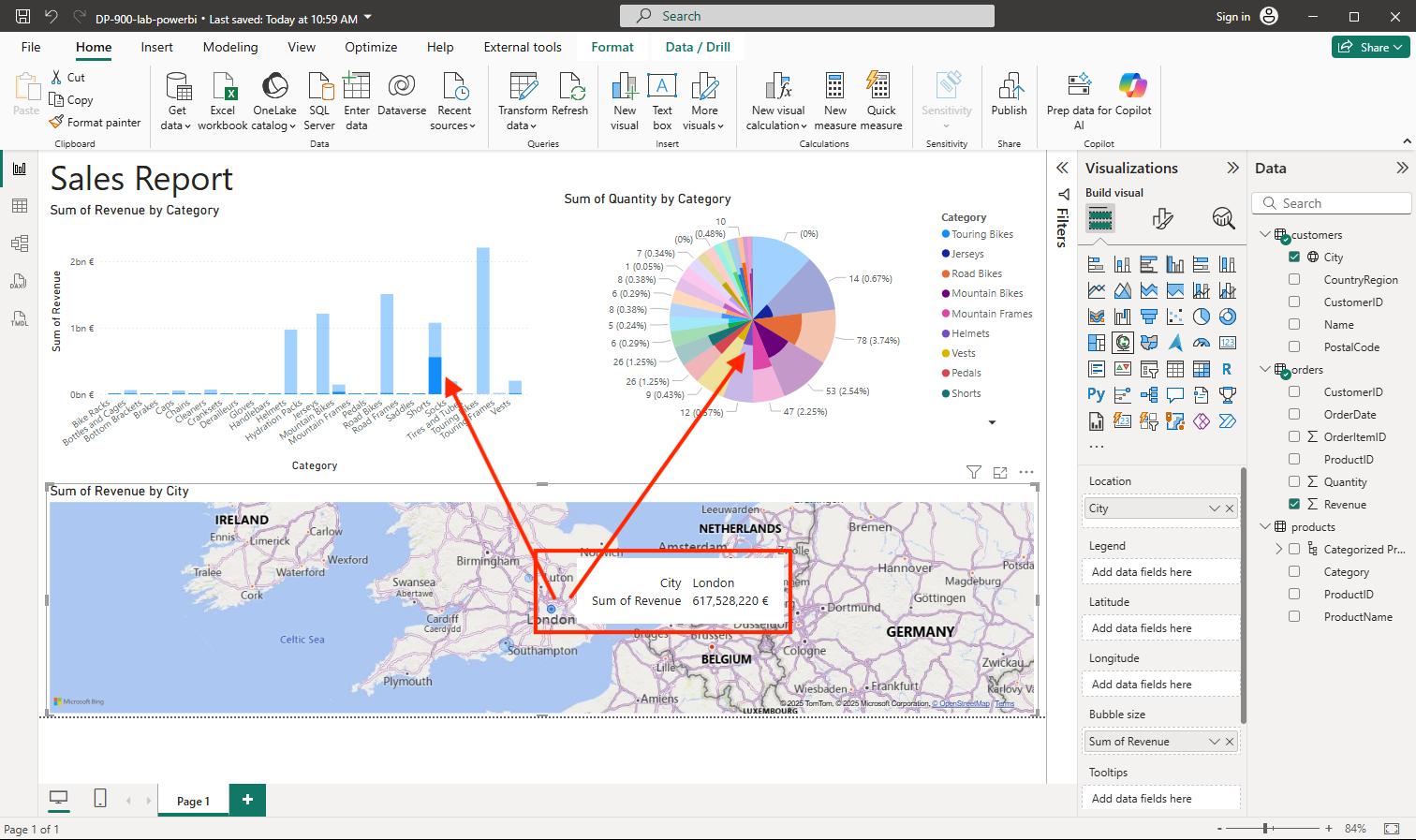 Screenshot showing a map that shows revenue by city highlighting data for the selected city.