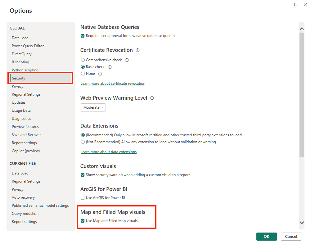 Screenshot showing how to set the Use Map and Filled Map visuals property in PowerBI.