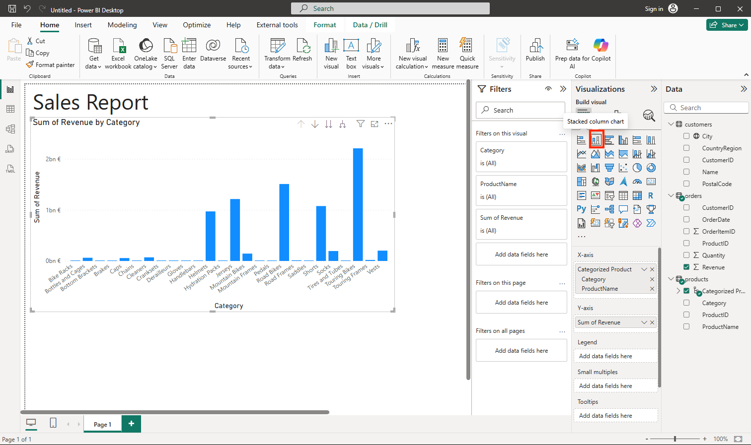 Screenshot showing a stacked column chart of categorized products with revenue in a report.
