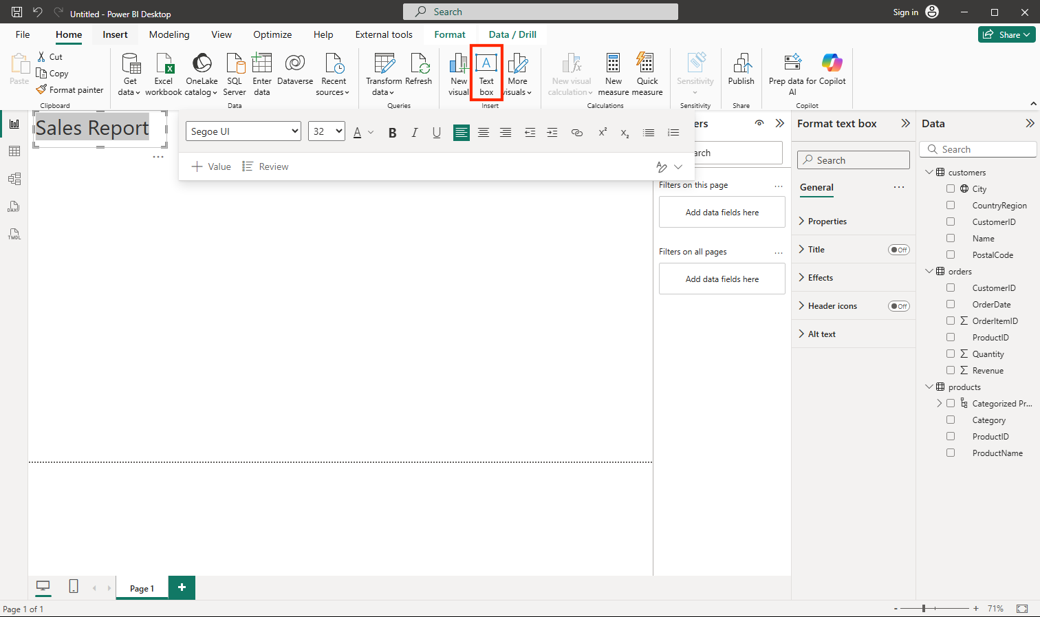 Screenshot showing how to add a text box in Power BI.