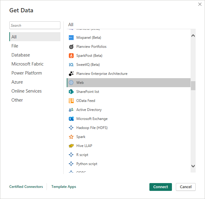 Screenshot showing how to select the web data source in Power BI.