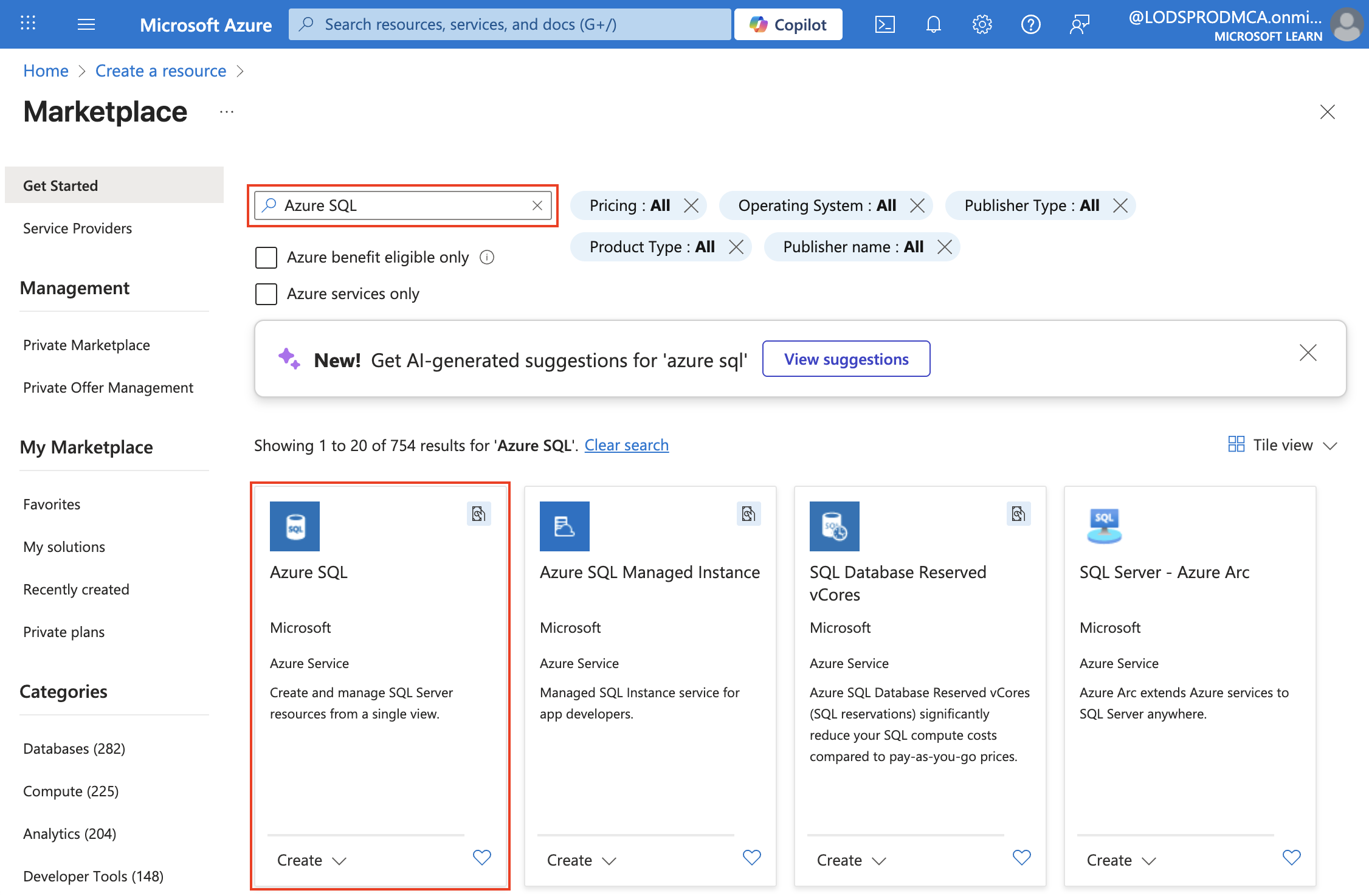 Screenshot of the Azure Portal showing Azure SQL in the marketplace