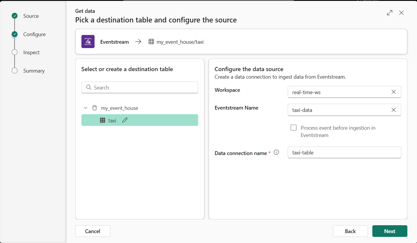 Screenshot of configuration for loading a table from an eventstream.