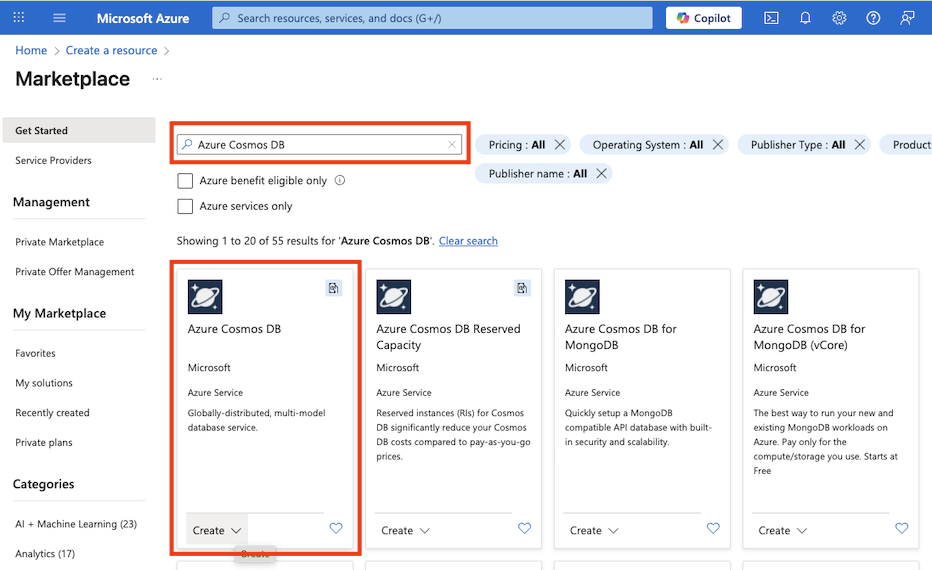 Screenshot of the Azure Portal showing cosmos db in the marketplace