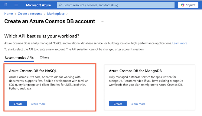 Screenshot of the Azure Portal showing cosmos db create option
