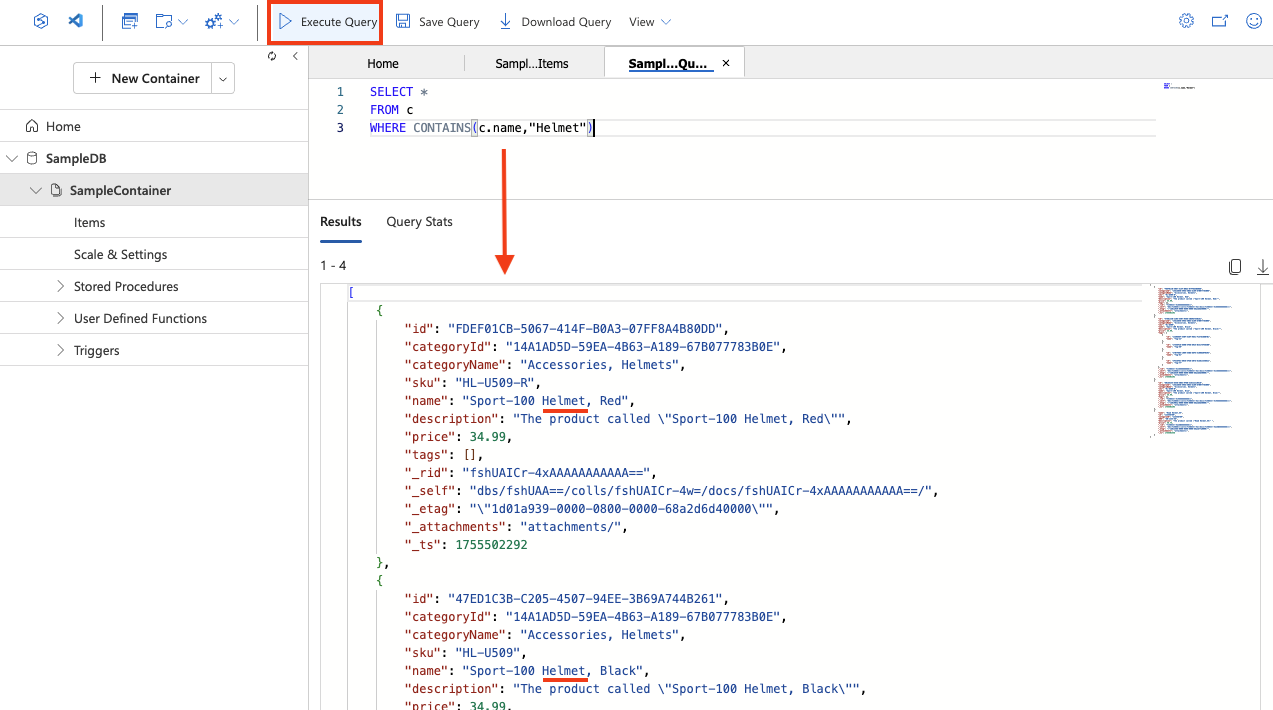 Screenshot of the Azure Portal Comsos DB Data Explorer sql query executed