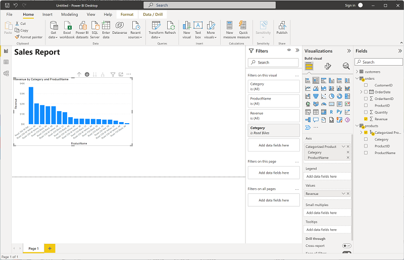 Screenshot showing a column chart drilled down to see products within a category.