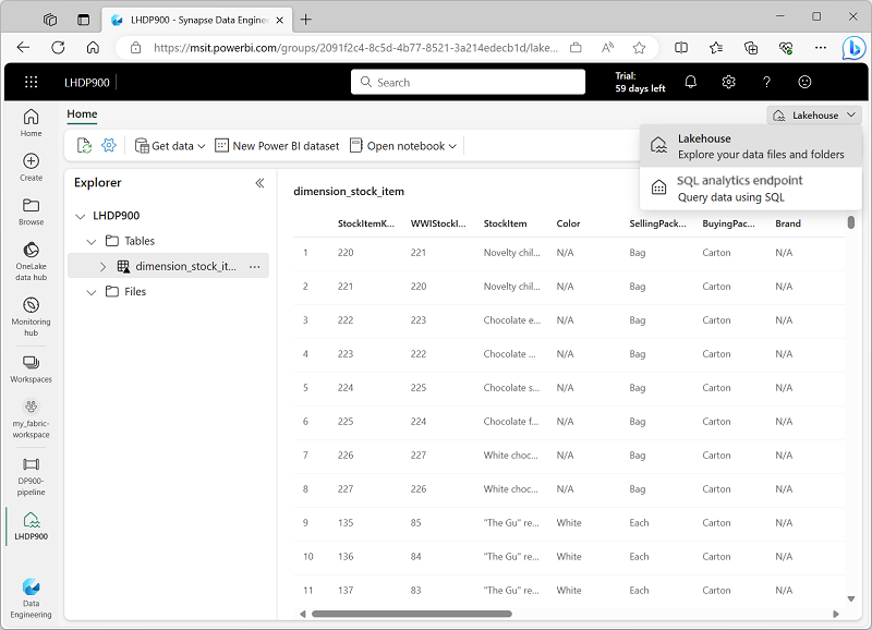 Screenshot of the SQL analytics endpoint menu.