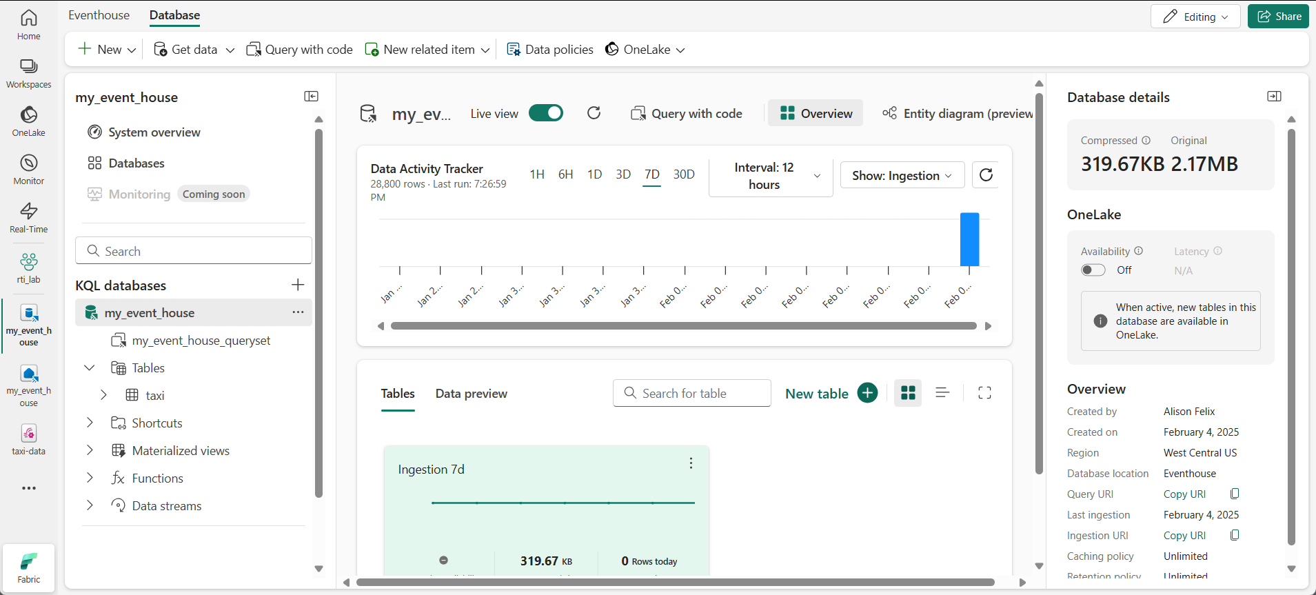 Screenshot of and eventhouse with a table.