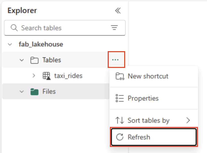 Screenshot of the Fabric lakehouse tables refresh option