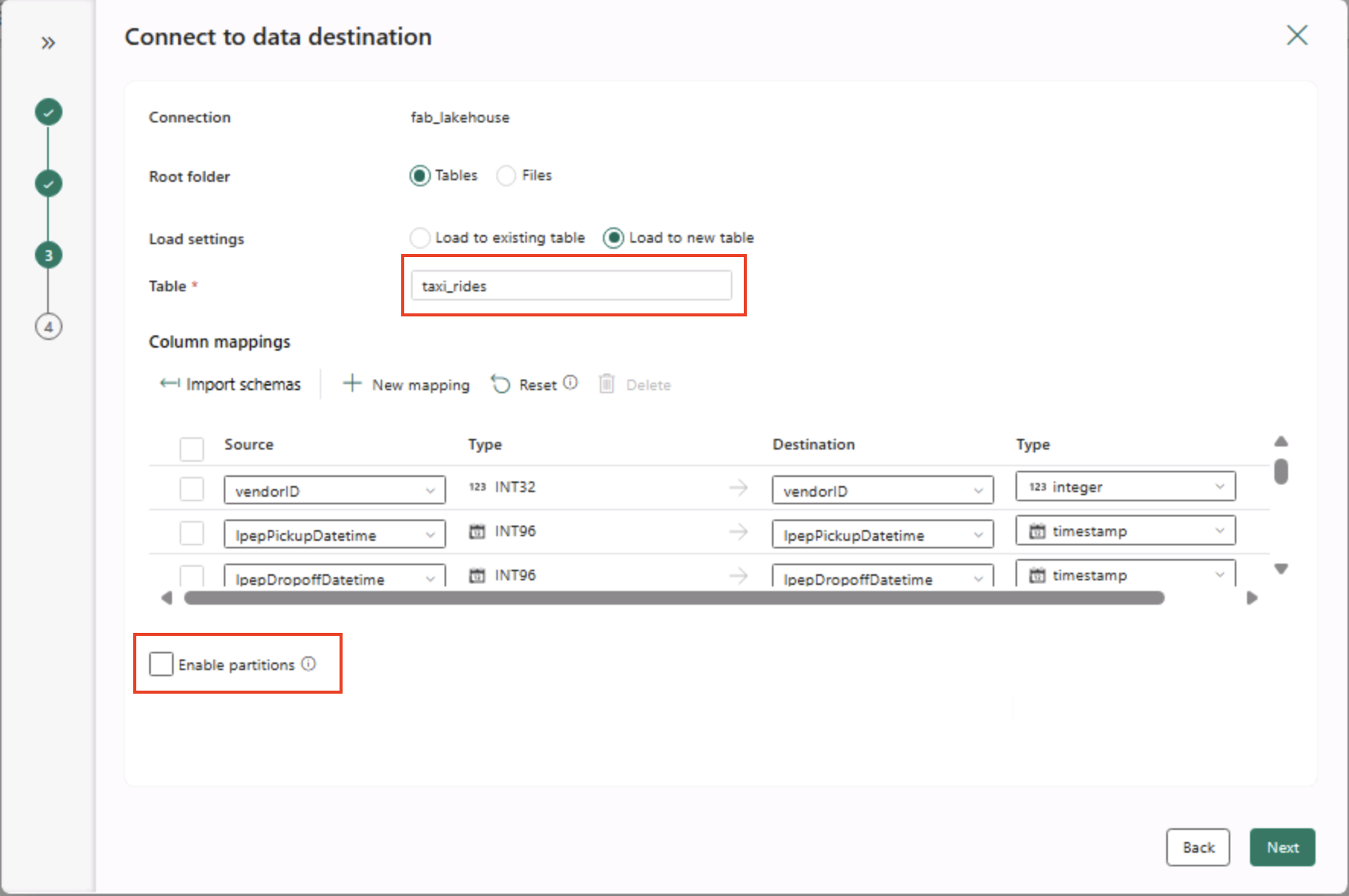 Screenshot of a pipeline destination options