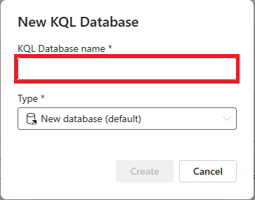 Screenshot of a new KQL database name dialog.