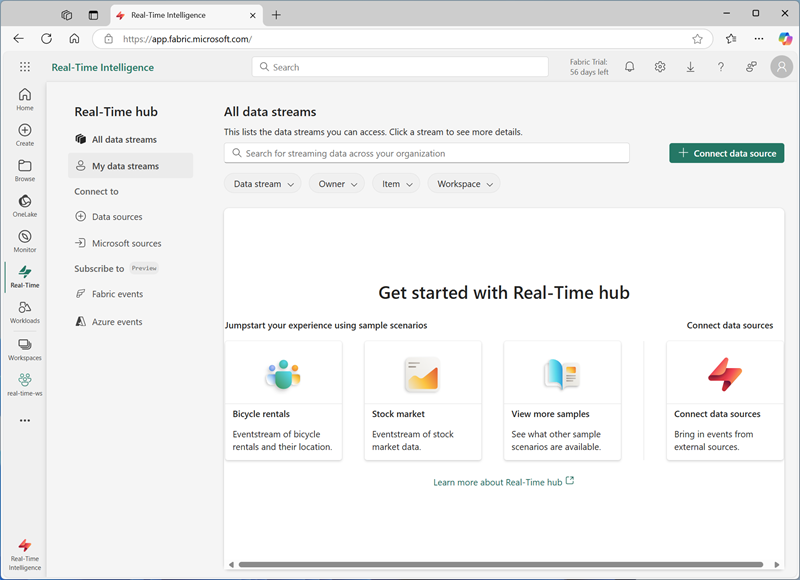 Screenshot of the real-time hub in Fabric.