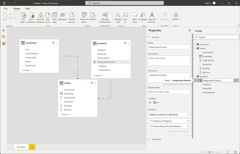 Screenshot showing how to rename the hierarchy in Power BI.