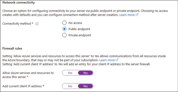 Screenshot of the Azure Portal showing the network settings for the SQL database