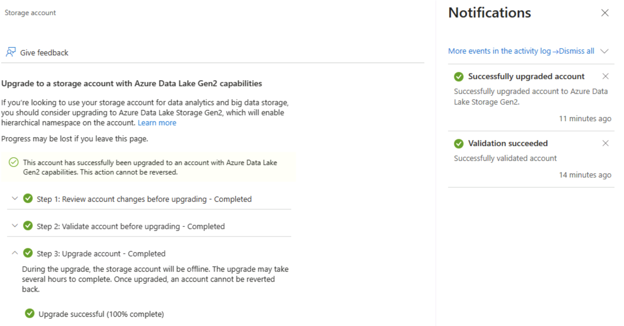Screenshot of the Azure Portal showing the data lake gen2 upgrade finished