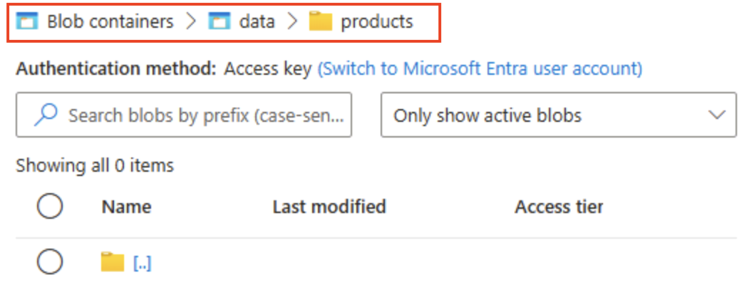 Screenshot of the Azure Portal showing the storage browser breadcrumb