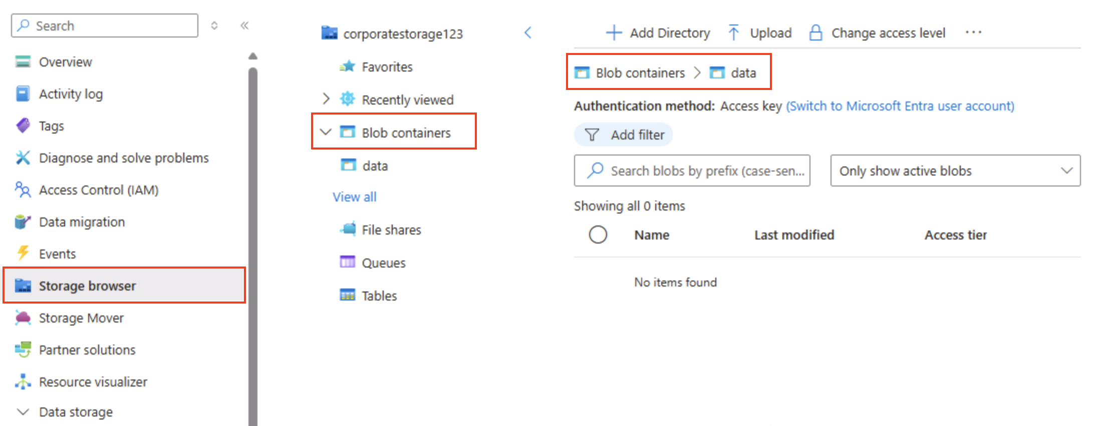 Screenshot of the Azure Portal showing the storage browser