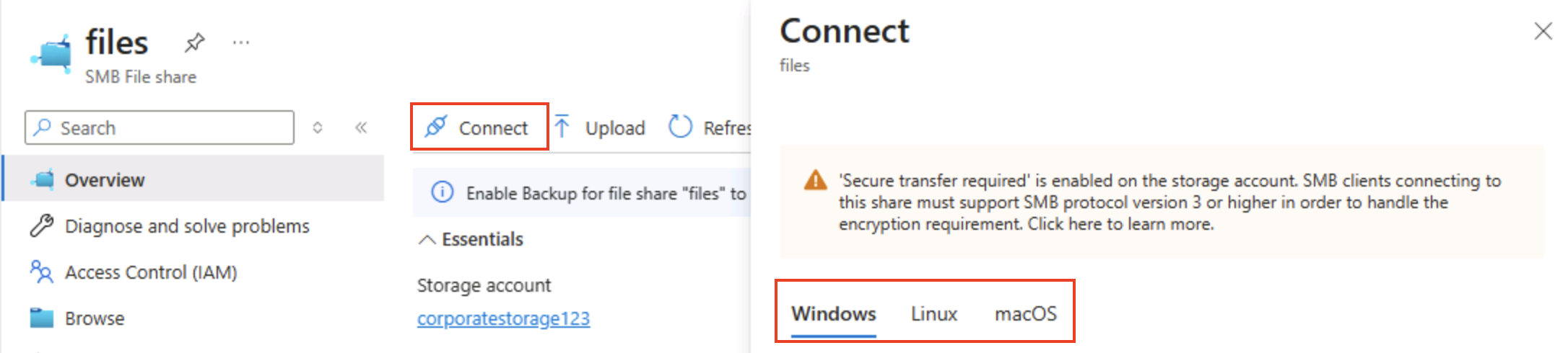 Screenshot of the Azure Portal showing the file share connect option