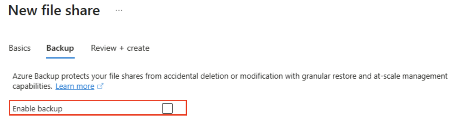 Screenshot of the Azure Portal showing the file share backup option