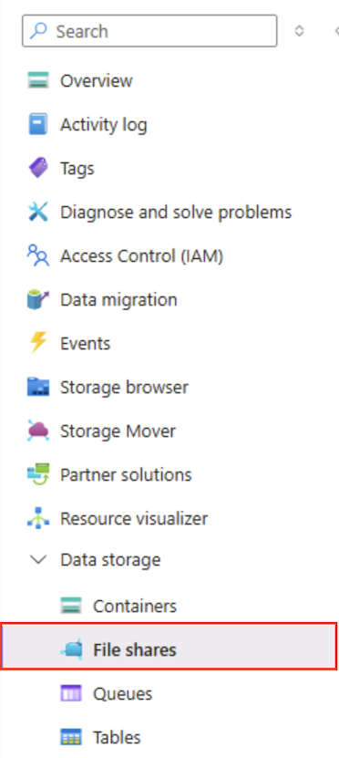 Screenshot of the Azure Portal showing the file share menu