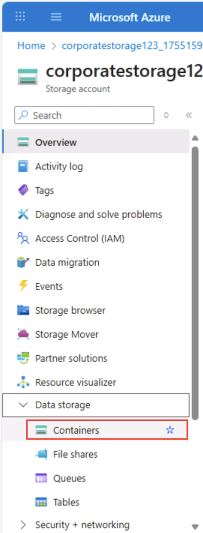 Screenshot of the Azure Portal showing the menu options for a storage account