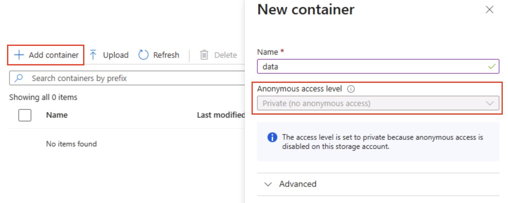 Screenshot of the Azure Portal showing a new container for a storage account