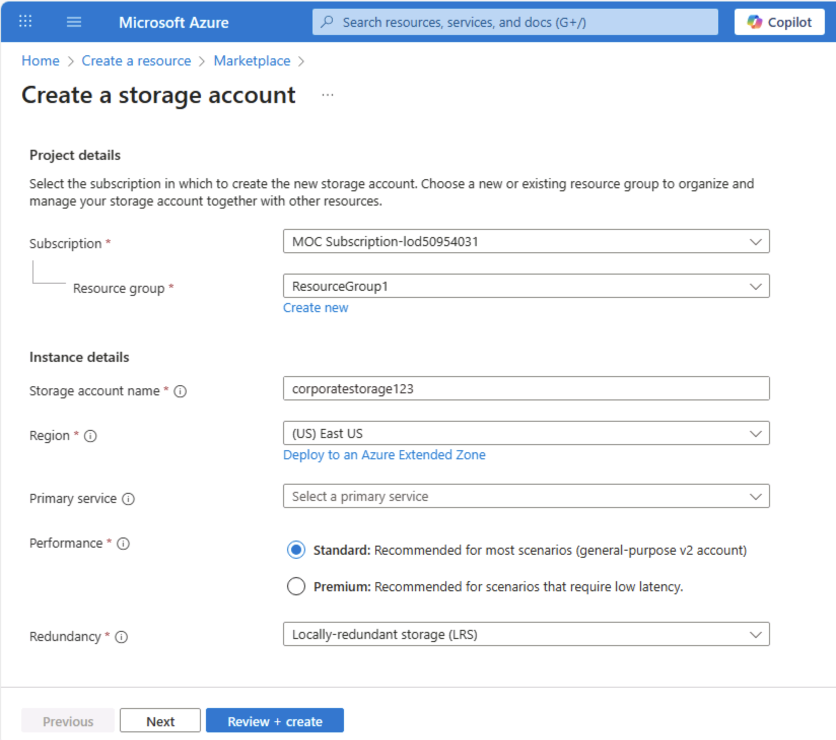 Screenshot of the Azure Portal showing the first page for creating a storage account