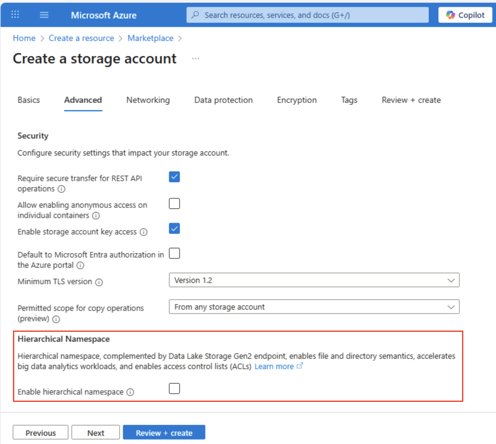 Screenshot of the Azure Portal showing the second page for creating a storage account