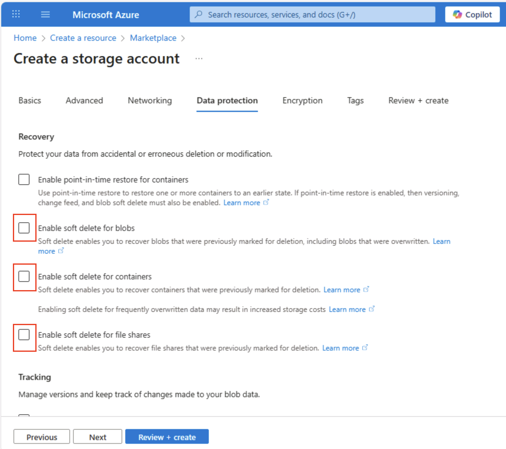 Screenshot of the Azure Portal showing the fourth page for creating a storage account