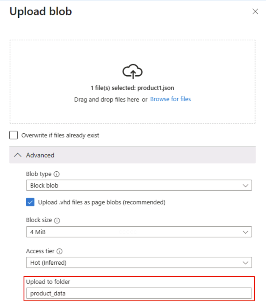 Screenshot of the Azure Portal showing the upload blob option