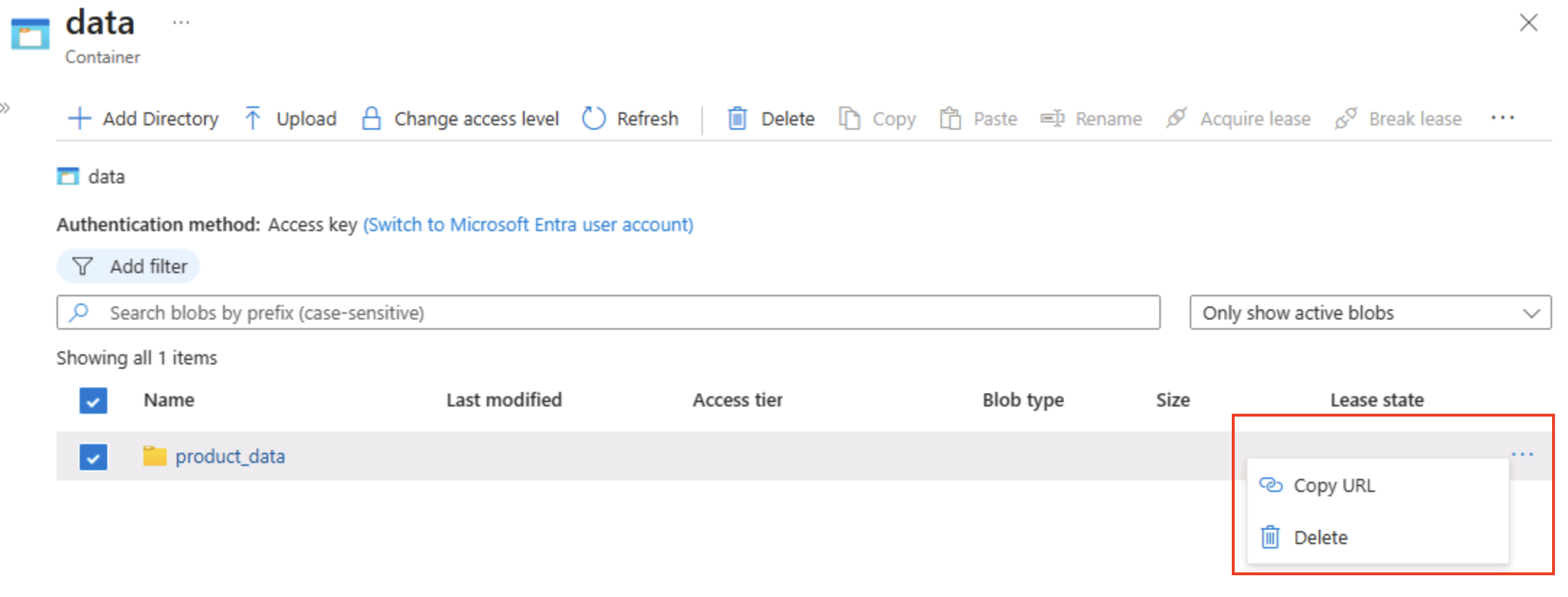 Screenshot of the Azure Portal showing the options for the virtual folder